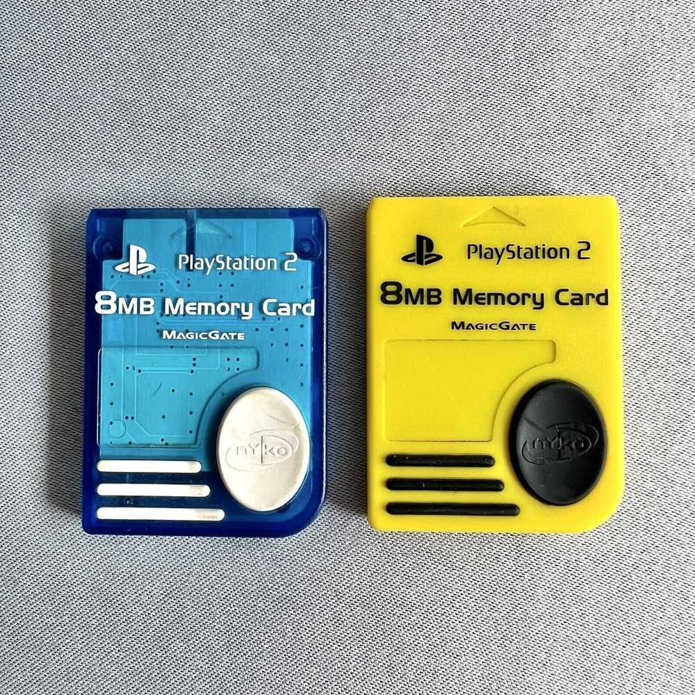 Lot Of 2 Memory Cards 8MB MagicGate Blue & Yellow Nyko for PlayStation 2 PS2